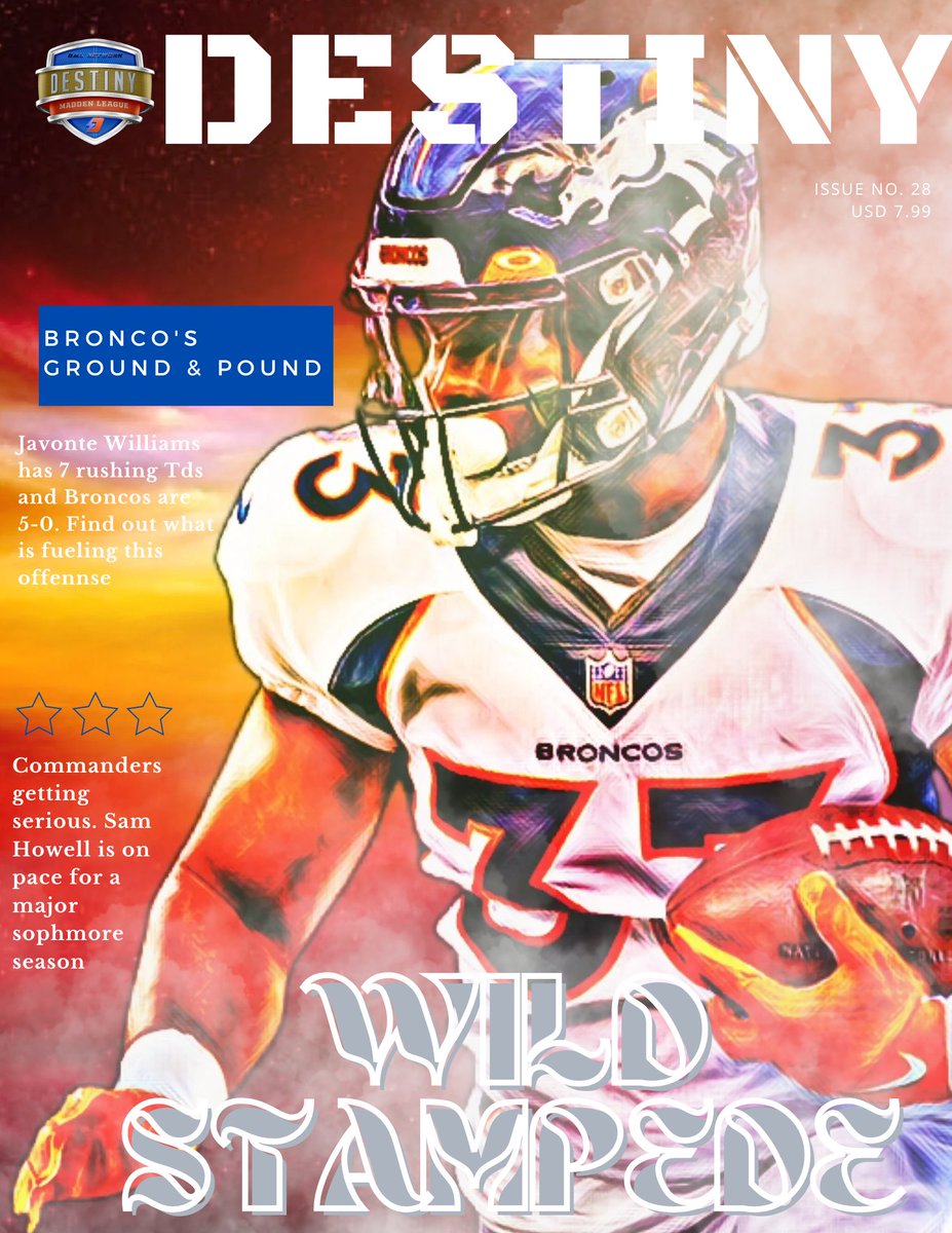 DestinyBroncos's tweet photo. Broncos' very own J. Williams was featured as the cover athlete of Destiny Magazine. Williams finds himself as a top 5 back, finding the endzone 8 times to date.

@DestinyMaddenLG https://t.co/K73J8xYYnR
