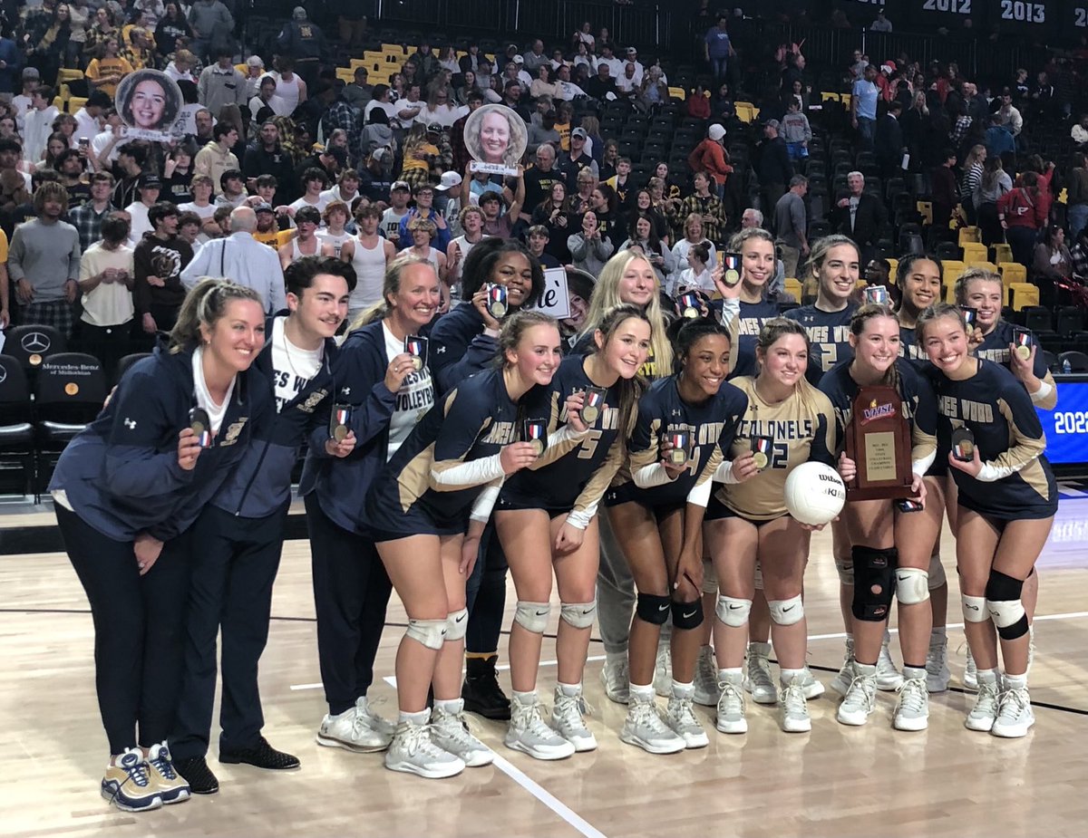 The #JamesWood 🏐 team poses with the VHSL Class 4 state championship on Saturday at the Virginia Commonwealth University Siegel Center in Richmond. The Colonels went 26-1 in capturing the program’s first state title.