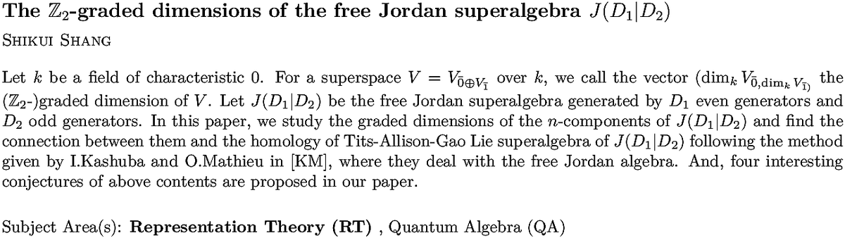 arxiv.org/abs/2211.09393…
S Shang
The ${\mathbb Z}_2$-graded dimensions of the free Jordan superalgebra
  $J(D_1|D_2)