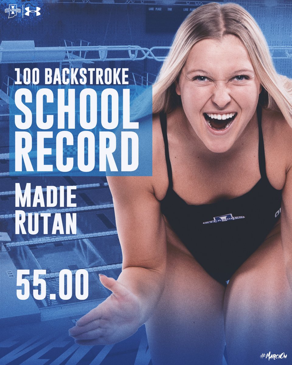 IndStSwimDive's tweet photo. 🚨SCHOOL RECORD ALERT🚨

@MadieRutan breaks her own mark in the 100 Backstroke set last year at the Kansas Classic.

Her mark of 55.00 lowers the ISU record and gives her the seven fastest times in ISU history

#MarchOn https://t.co/0PWKkkt9zq