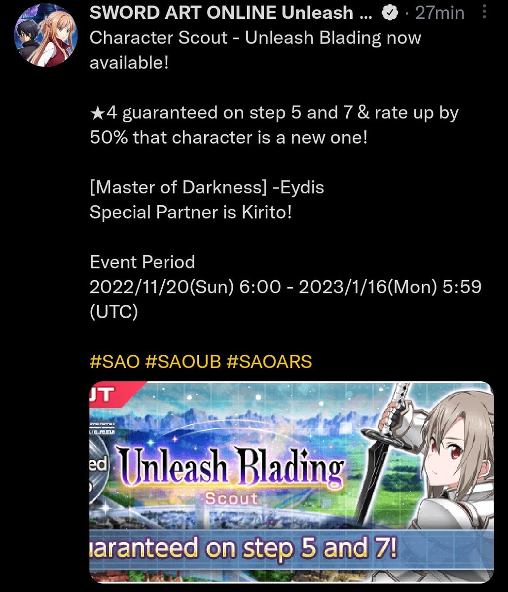 KiritoShin1986's tweet photo. Nuevo reclutamiento y último disponible para mañana en #SAORS Eydis sin atributo hasta el 16/01/23 compañero especial Kirito 😉 @KiriSuna1617 @CrisKazuto97 @xSrNeosx @VLiebanes @Geovann34285025 @RazorNemesisS30 https://t.co/whQrOeznC5