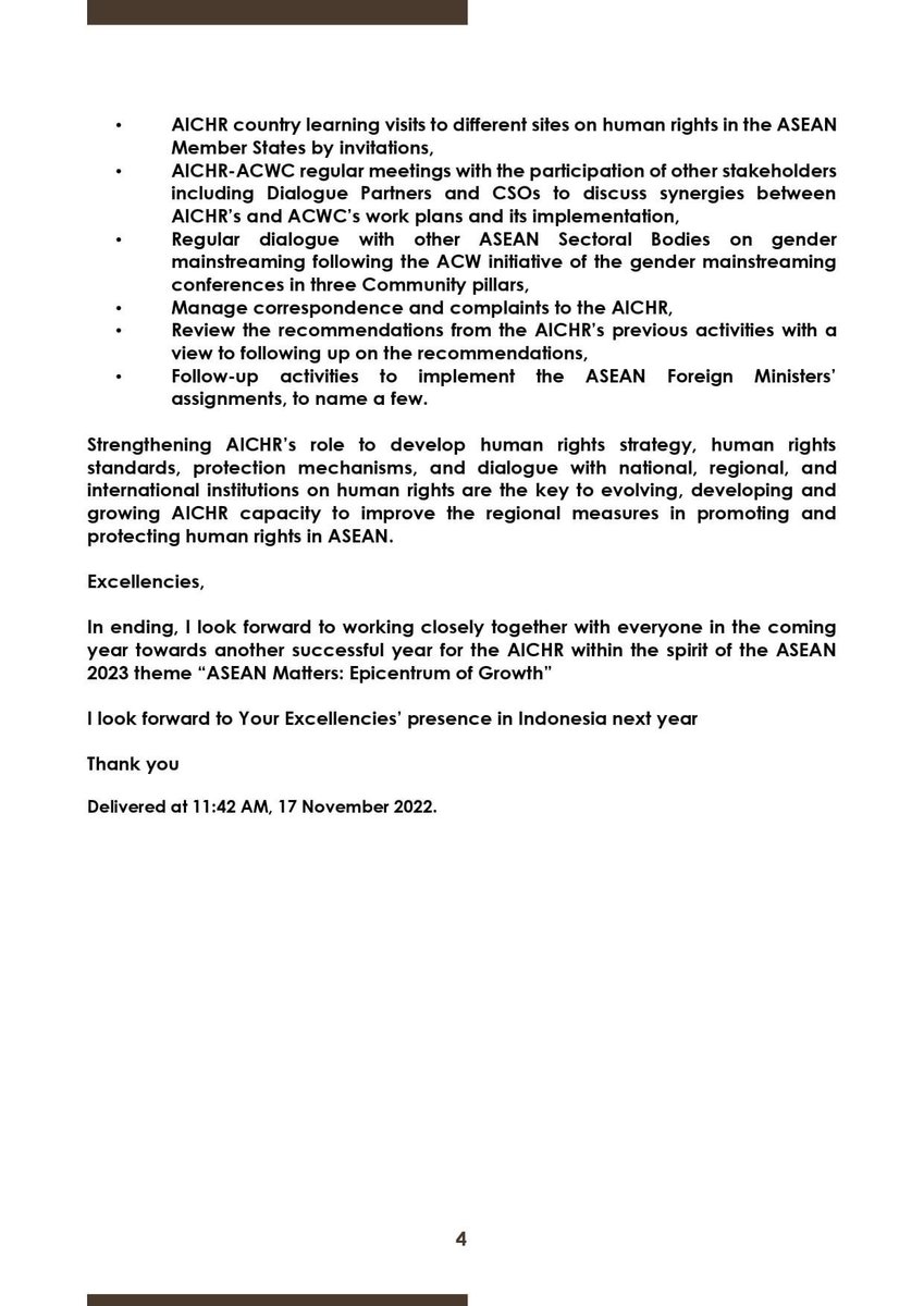 Wahyuningrum's tweet photo. My acceptance speech to receive AICHR chairship from Cambodia, 17.11.2022 in the AICHR Special Meeting 2/2022. https://t.co/zeBhoXkCFs