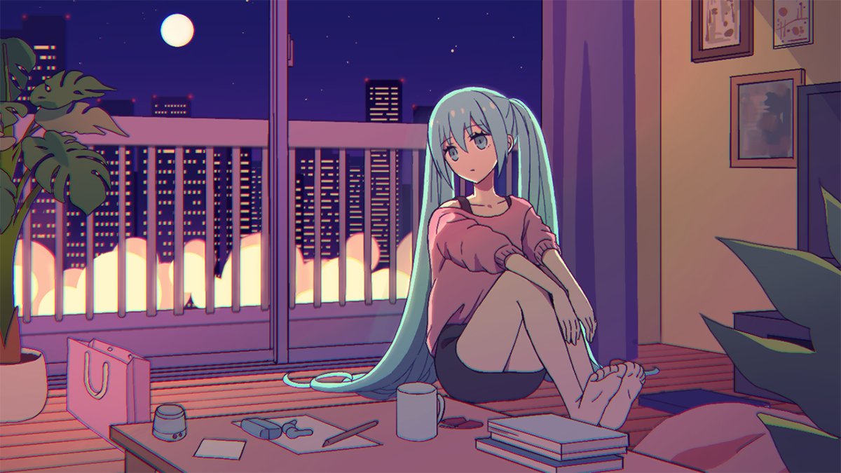 hatsune miku 1girl long hair solo twintails night potted plant plant  illustration images