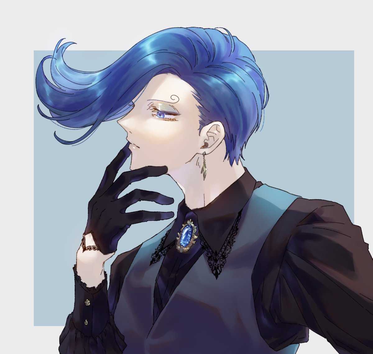 blue hair gloves male focus 1boy solo jewelry blue eyes  illustration images