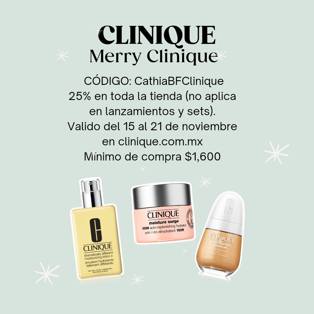 Les REGALO 25% de descuento en <a href="/Clinique/">Clinique</a> 🎁
Código: CathiaBFClinique 
Página Clinique: bit.ly/3hyYsyq