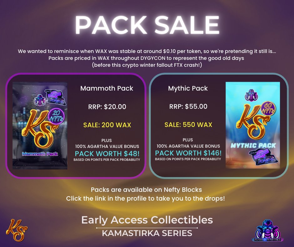 GM Chosen Ones!

Last day of @DYGYCON and we still have these special #WAX price packs available...

All packs now with a 100% Agartha Value Bonus 🥳
Link in bio or head straight to Nefty Blocks.