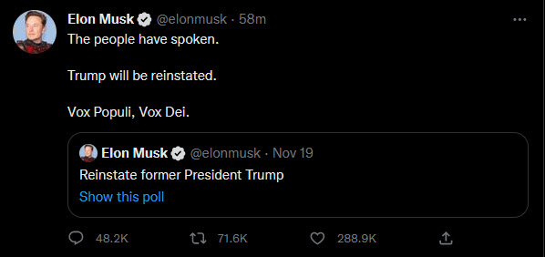 Americans are going to be able to follow their pussy-grabbing, casino-clown President on Twitter again!

That's as exciting as watching their current demented President try to complete a sentence without slurring, stammering or forgetting what the fuck he's talking about.

Yawn.