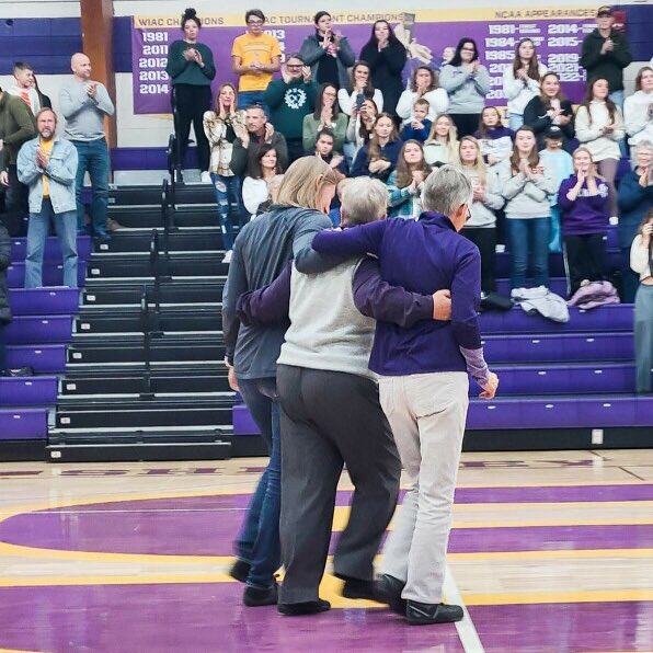 CoachHockett's tweet photo. Message to team today was simple:

Players are the Heartbeat ❤️, but our alumni &amp; Coach Egner serve as the Lifeblood of @UWSPWBB 🏀…
Did our best to honor both today. Special day with even better people, and glad we could pull out the “W” on this historic day!!!

💜 #Pointers 💛 https://t.co/SyxnKoA9pk