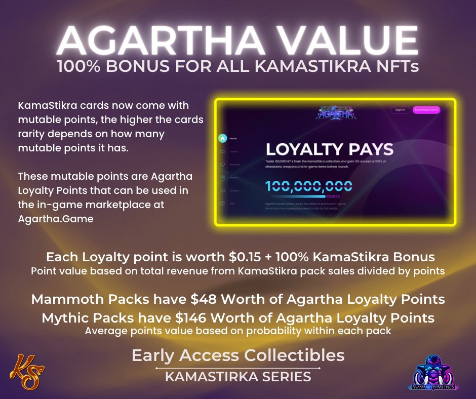 It pays to be early...

All new smart contract allows for mutable points to be transferred from each KamaStikra NFT to an <a href="/AgarthaGame/">Agartha</a> Loyalty Card

This Loyalty is the ONLY way to access Agartha.Game and start building your in-game inventory

More info 👇 #NFTNews