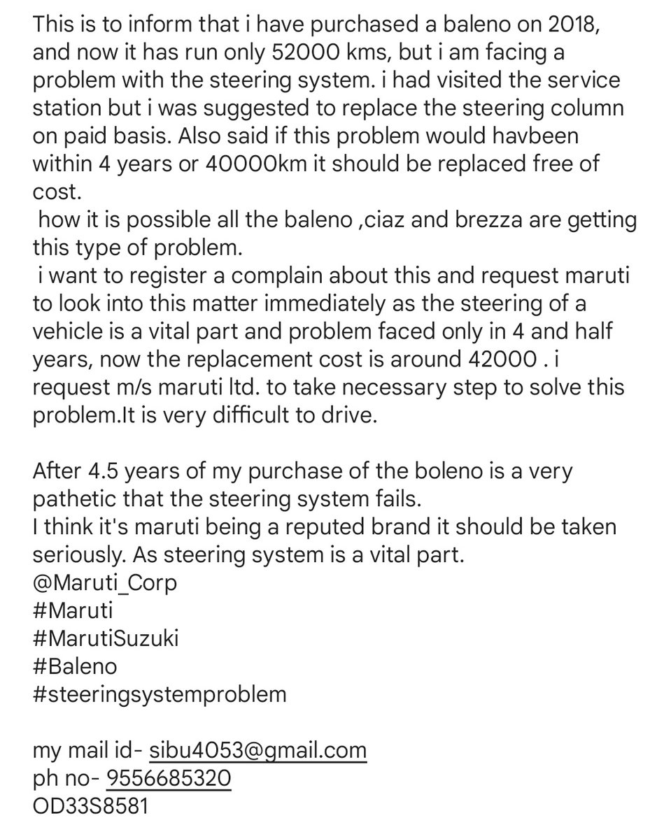 sibu4053's tweet photo. After 4.5 years of my purchase of the boleno is a very pathetic that the steering system having this problem.I think it's maruti being a reputed brand it should be taken seriously. As steering system is a vital part.
@Maruti_Corp
#Maruti
#MarutiSuzuki
#Baleno
#steeringsystem https://t.co/S8jpiZix77