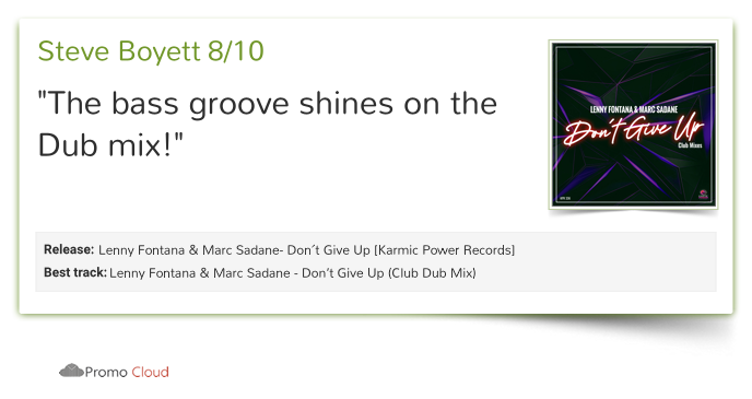 KarmicPowerRec's tweet photo. Steve Boyett reviewed @lennyfontana - Don’t Give Up (Club Dub Mix). 8/10 #DontGiveUp #LennyFontana #MarcSadane #newmusic #p https://t.co/9EFF1CKKYw