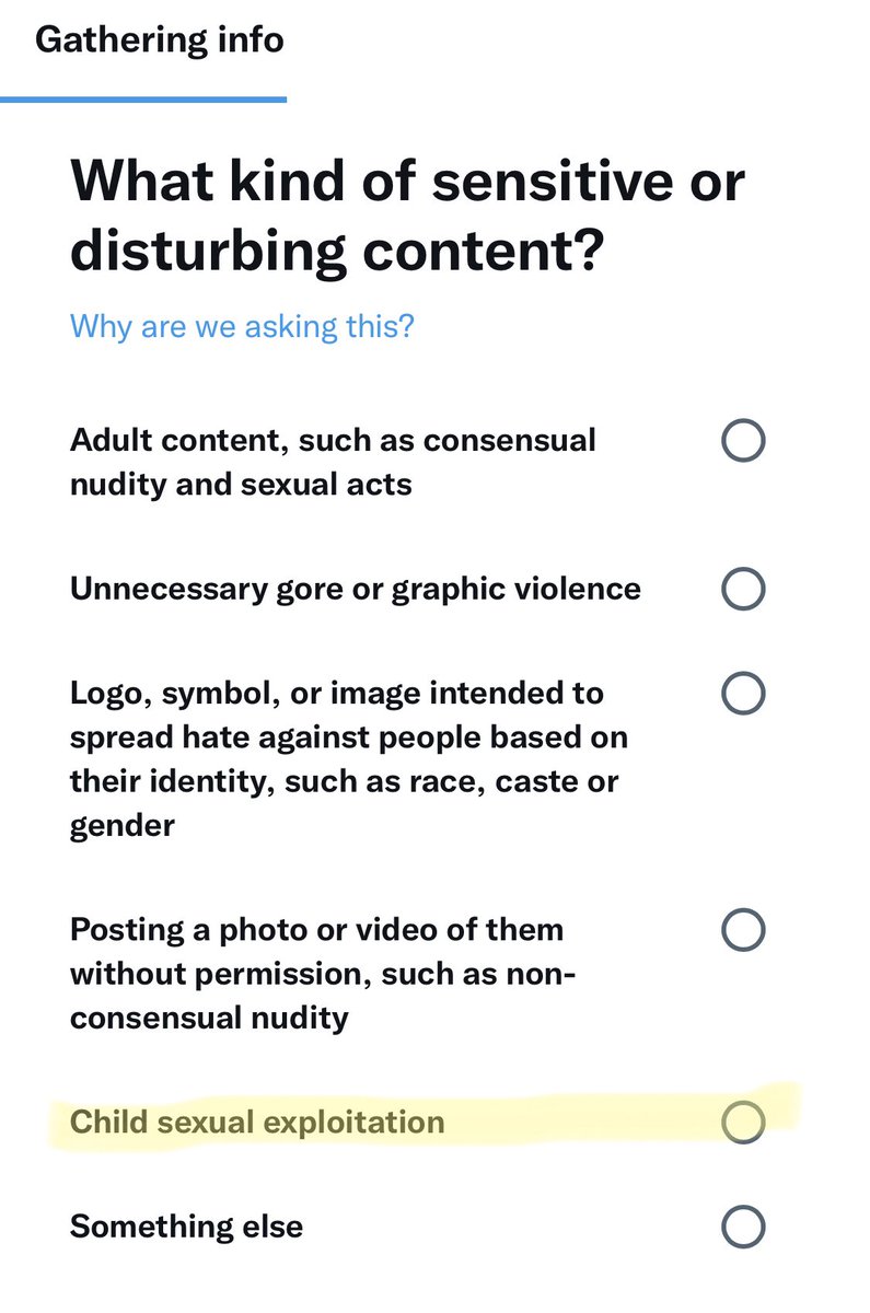To those who aren’t aware yet, last week Twitter did add a direct reporting option for child sexual exploitation. (ONLY on tweets with content images/videos) this was not previously available and was a separate form that wasn’t easy to find. 

I’m grateful to see these changes.