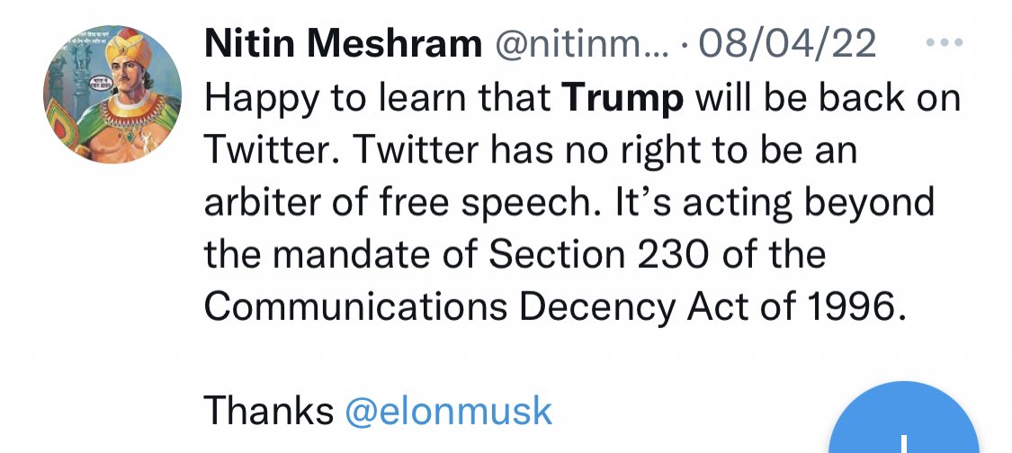 Apart from me, @Profdilipmandal was the only scholar in entire country who was campaigning for bringing back @realDonaldTrump on @Twitter. Free Speech must be equal and non-discriminatory and everyone gets an opportunity to speak led the campaign to reinstate Trump. @elonmusk 🙏🏿