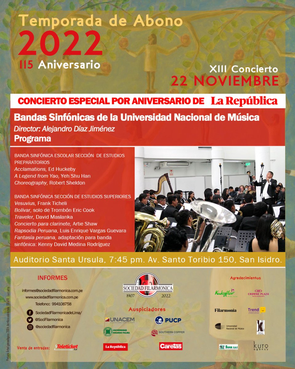 SociFilarmonica's tweet photo. Como es habitual en noviembre cerramos nuestra temporada con un concierto a cargo de músicos peruanos y para ello invitamos a la Universidad Nacional de Música a elegir uno de sus elencos, la elegida es la Banda Sinfónica de la Sección de Estudios Superiores de la UNM. https://t.co/LBlmQJPZkA