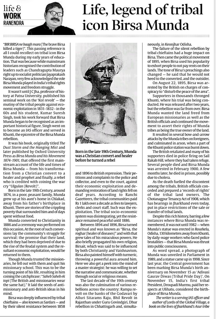 'Saheb Saheb ek topi': Tribal Icon Birsa Munda, after he quit missionary school. Became a healer, preacher and saw how the silent resistance of tribal chieftans between 1858-1896 did not bear any fruit. Then there was a call for 'Ulgulan'. <a href="/Ranendrakumar7/">रणेंद्र</a>
indianexpress.com/article/opinio…