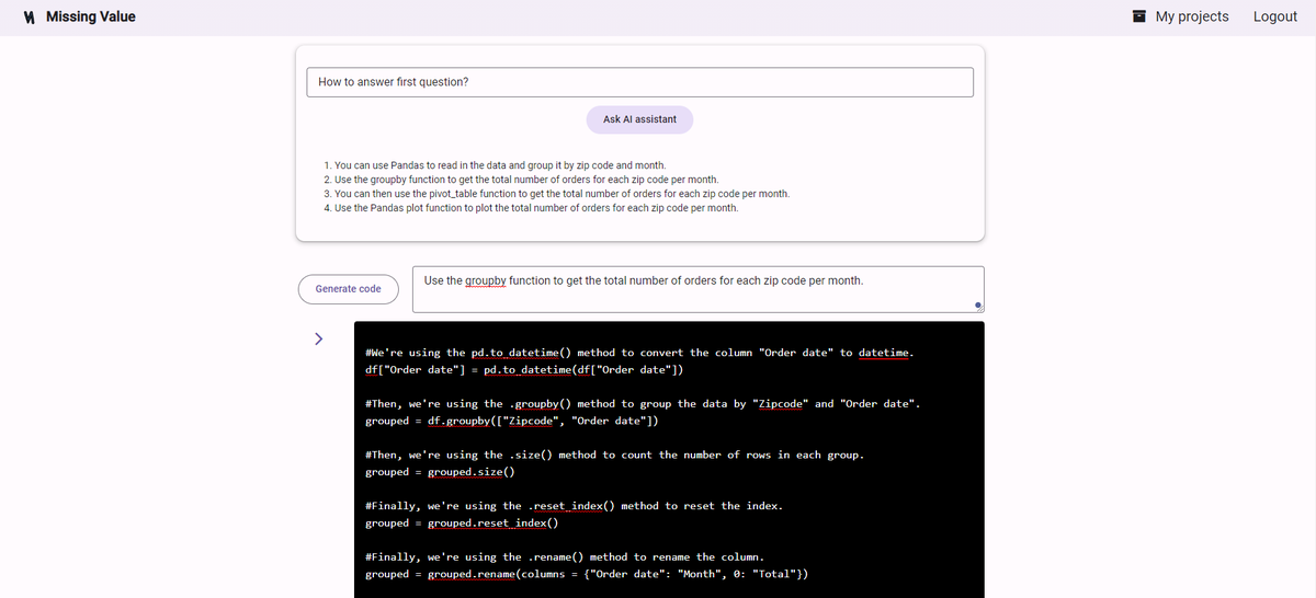 Ask the AI assistant how to answer the first question and then use it to generate Python code. Don't forget to run it.
