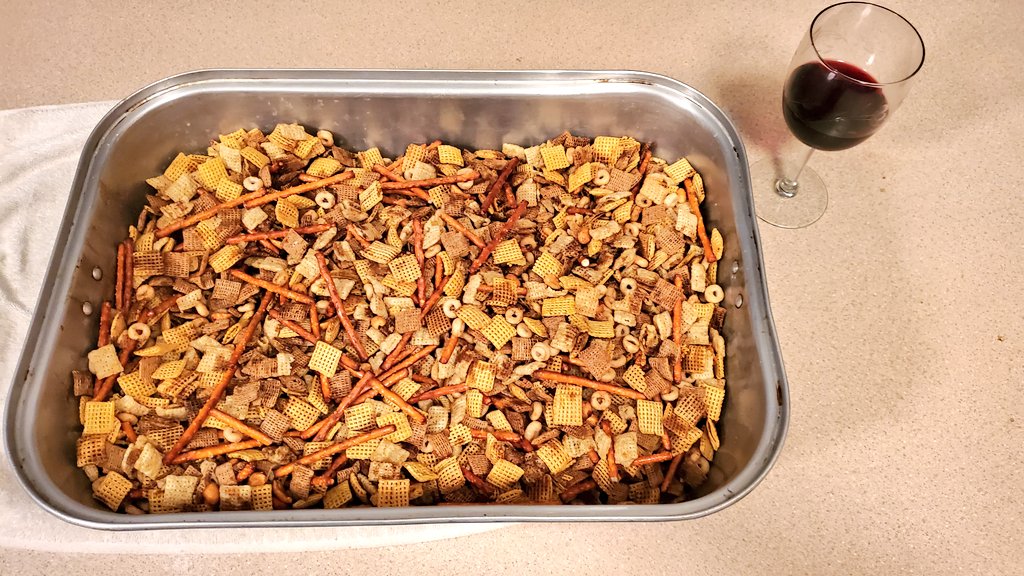 It's a homemade chex mix and wine kinda night...