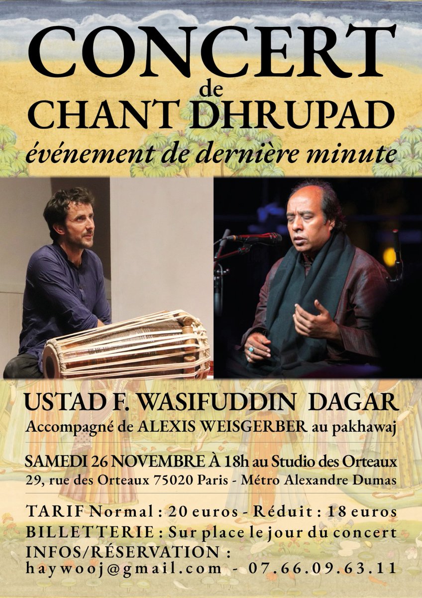 Ustad <a href="/WasifuddinDagar/">F Wasifuddin Dagar</a> performing in Paris on 26th. Do join