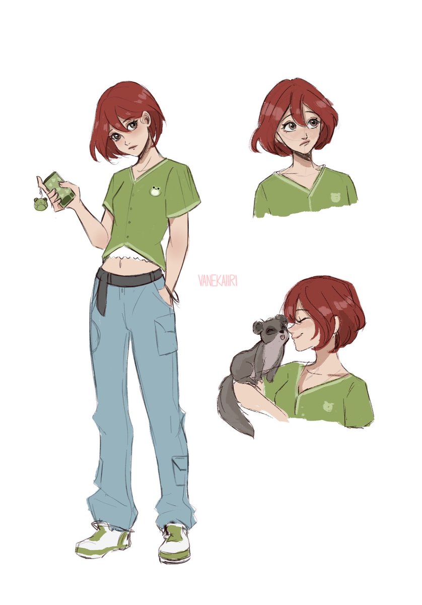 1girl pants short hair red hair shirt holding white background  illustration images