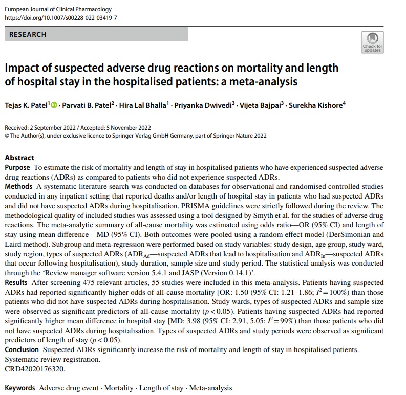 drtejas_patel's tweet image. Our recent study &quot;Impact of suspected adverse drug reactions on mortality and length of hospital stay in the hospitalised patients: a meta-analysis&quot; in EJCP (IF-3.064)&quot;. @aiims_gkp 
#metaanalysis #pharmacology
#MedTwitter
#drugsafety #pharmacovigilance
rdcu.be/cZZjJ