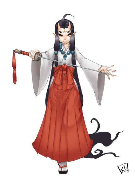 鬼巫女剣士ロリババア、とりあえず完成。巫女装束って時点で服装ほぼ完成されてるようなもんだから、装飾の付け足しは腰の飾りくらいにしといたφ_(:3」 ∠)_ 