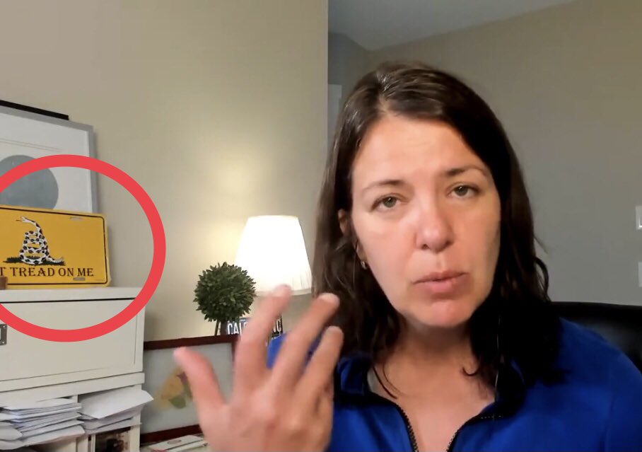 HeatherMoAndCo's tweet photo. @conradnobert She doesn’t even have to talk. The Gadsden flag plaque behind her, speaks loudly enough. Interestingly, “tread on me” is what is visible. #DanielleSmithIsUnfitToLead #DanielleSmith_UCP #DanielleSmithIsAMoron #ABleg https://t.co/dOkjG4FCC2