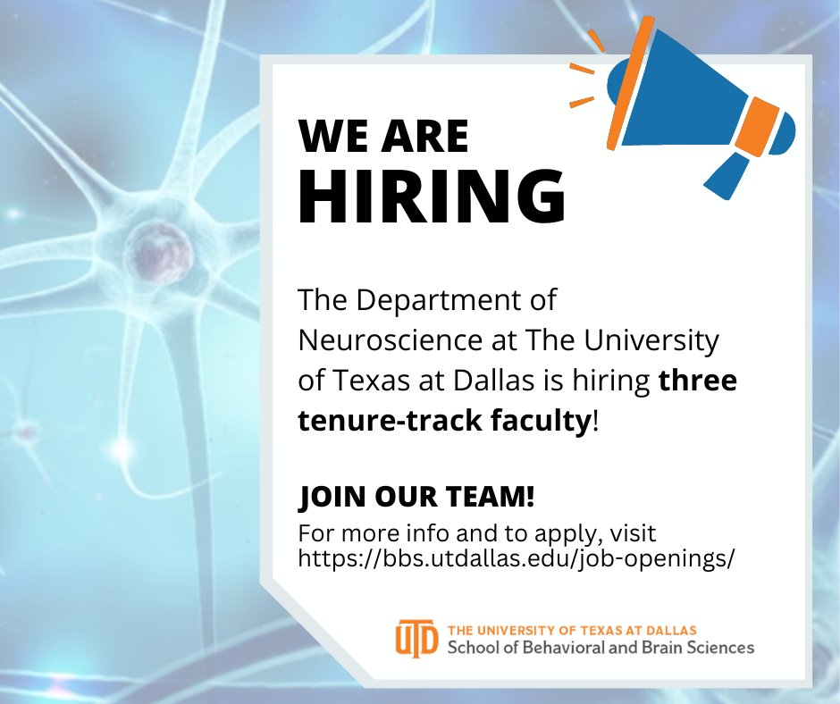 Michael D. Burton (@mike_doc_b) on Twitter photo We are recruiting 3 new faculty to join the Neuroscience Department <a href="/UT_Dallas/">UT Dallas</a> <a href="/BBSutdallas/">School of BBS at UTD</a>. Here are the 3 positions, feel free to share and apply to any one of them, it's all one committee. <a href="/UTDPainCenter/">Center for Advanced Pain Studies</a>
jobs.utdallas.edu/postings/21151
jobs.utdallas.edu/postings/21153
jobs.utdallas.edu/postings/21149 We are recruiting 3 new faculty to join the Neuroscience Department <a href="/UT_Dallas/">UT Dallas</a> <a href="/BBSutdallas/">School of BBS at UTD</a>. Here are the 3 positions, feel free to share and apply to any one of them, it's all one committee. <a href="/UTDPainCenter/">Center for Advanced Pain Studies</a>
jobs.utdallas.edu/postings/21151
jobs.utdallas.edu/postings/21153
jobs.utdallas.edu/postings/21149