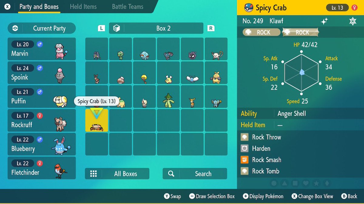 awkwarmental's tweet image. Full odds shiny Klawf. Didn’t even realize it, until I recognized that the one from the trailer was red. Was the first time I encountered it. Now I have my first shiny dec entry! #PokemonScarletViolet #ShinyPokemon