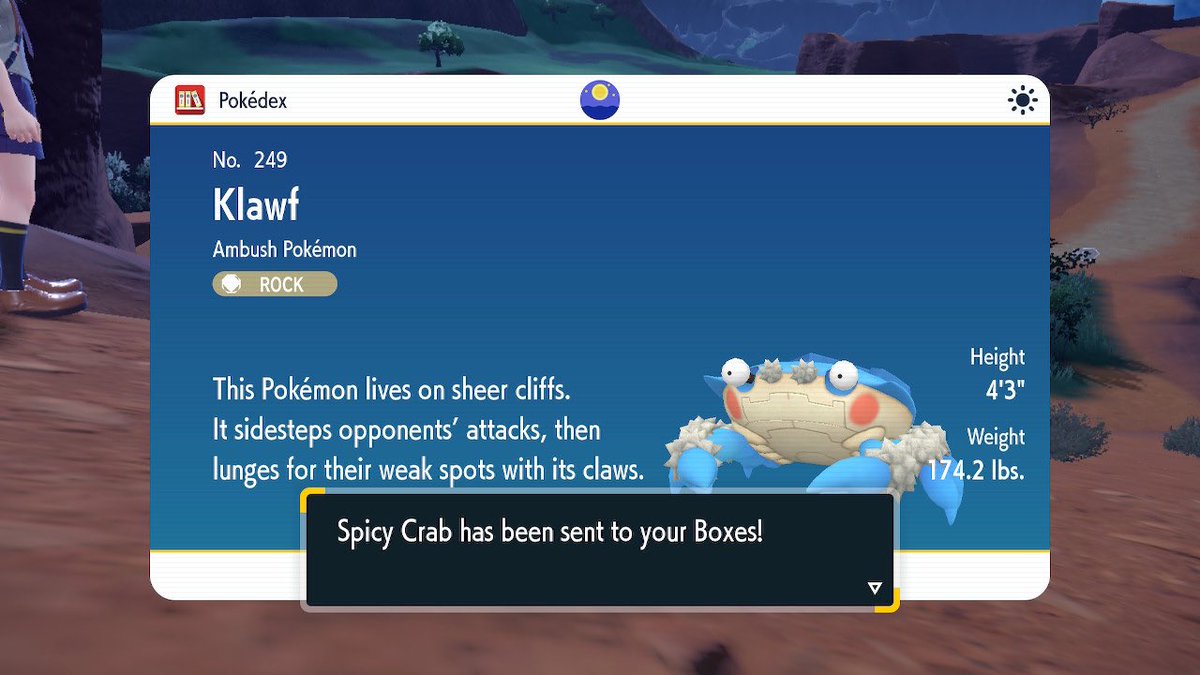 awkwarmental's tweet image. Full odds shiny Klawf. Didn’t even realize it, until I recognized that the one from the trailer was red. Was the first time I encountered it. Now I have my first shiny dec entry! #PokemonScarletViolet #ShinyPokemon