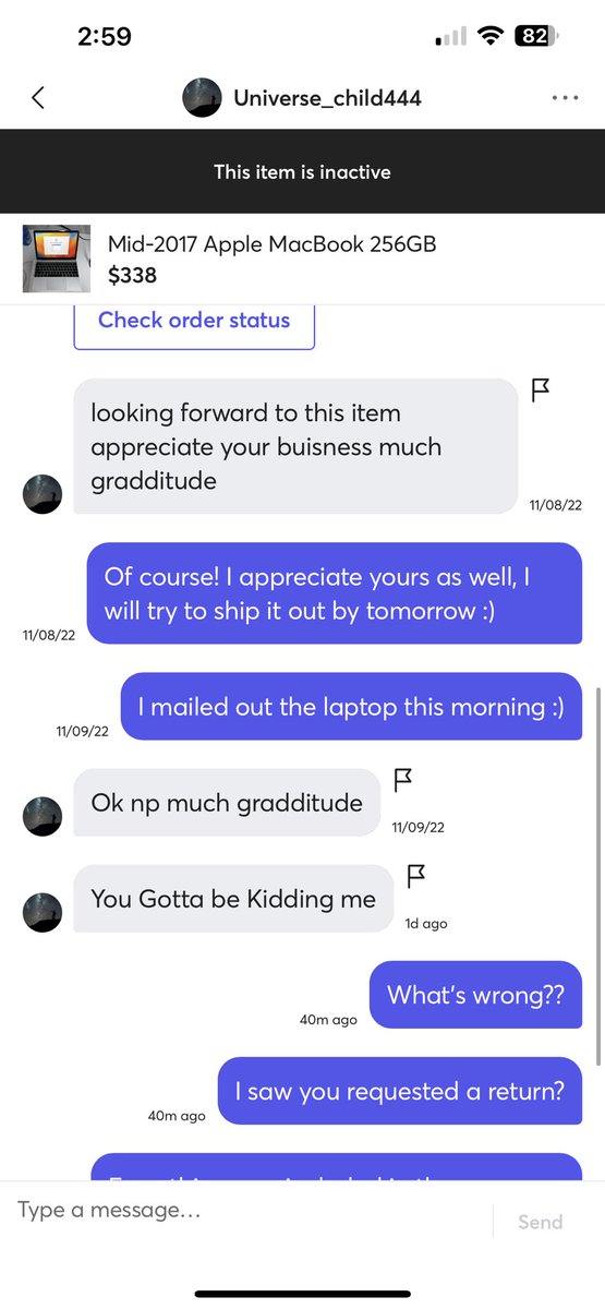 EwSlyme's tweet photo. As far as whatever “prohibited conduct” was done, this was the first and only item I’ve ever sold on here. Here are the messages with the buyer. Clearly there is some issue here that Mercari refuses to enlighten me with. https://t.co/dQvPYW9XR6