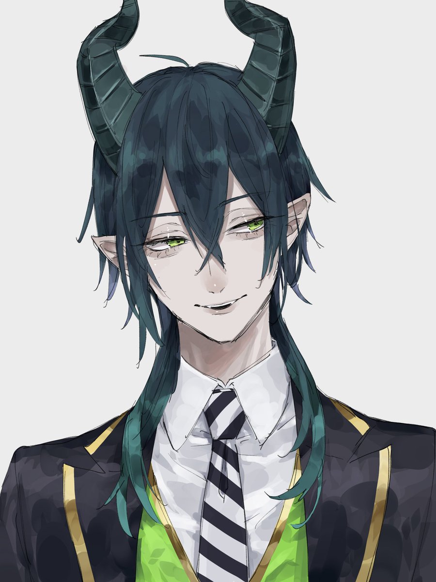 1boy horns male focus solo pointy ears necktie green eyes  illustration images