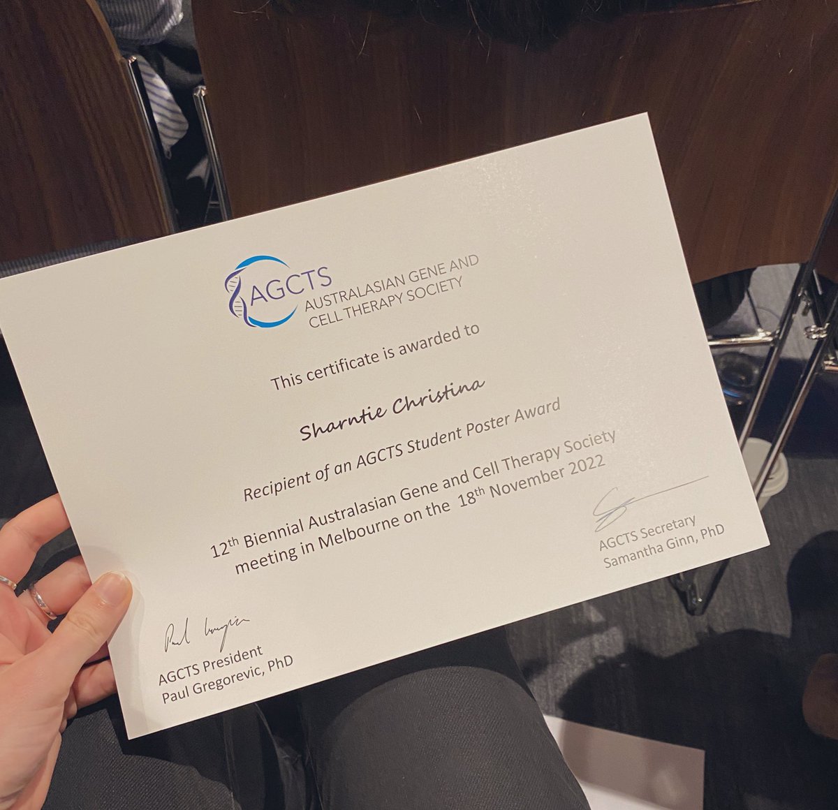 Sharntie Christina (@sharntiec) on Twitter photo Delighted to have won best student poster from <a href="/theAGCTS/">The Australasian Gene and Cell Therapy Society</a>!
Thank you everyone who took the time to listen to me talk about my research. It’s these opportunities to share our knowledge that inspire us in our day to day at the bench 🧫🔬🦠🧬 Delighted to have won best student poster from <a href="/theAGCTS/">The Australasian Gene and Cell Therapy Society</a>!
Thank you everyone who took the time to listen to me talk about my research. It’s these opportunities to share our knowledge that inspire us in our day to day at the bench 🧫🔬🦠🧬