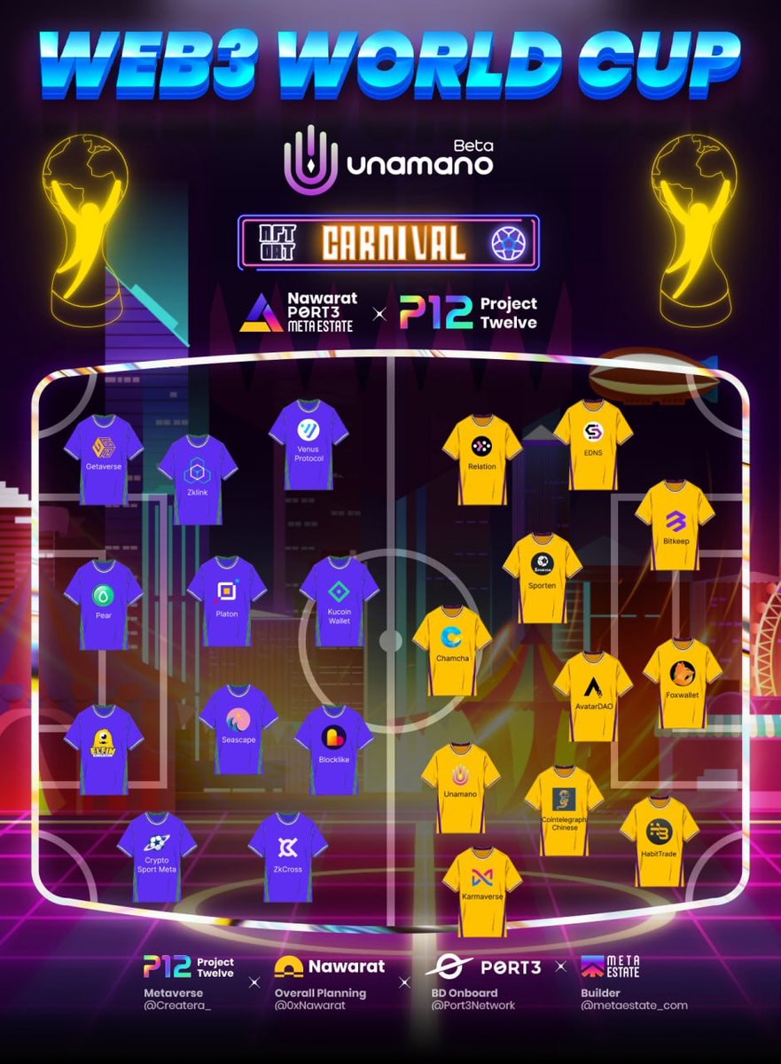 ⚽️2022 #Web3 #WorldCup⚽️
 
<a href="/unamano_io/">Unamano_io</a> host a fantastic #NFT Carnival🤩 for You!
 
✅Follow the Dream Team  <a href="/_p12_/">Project Twelve</a> @0xNawarat <a href="/metaestate_com/">MetaEstate</a> <a href="/Port3Network/">Port3 Network</a>
 
🎁#Wristband Collab #Giveaway 
🔜Coming Soon on 19th!
