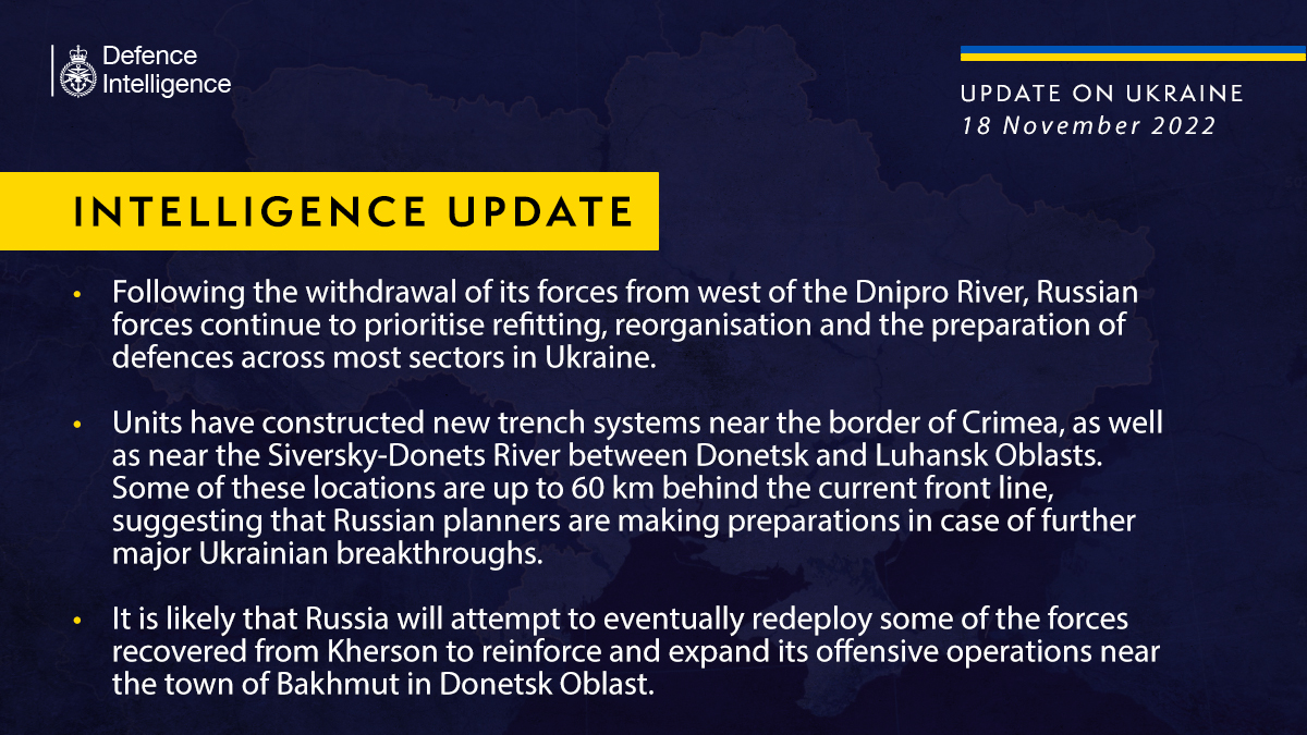 DefenceHQ's tweet image. Latest Defence Intelligence update on the situation in Ukraine - 18 November 2022
 
Find out more about the UK government's response: ow.ly/z1kB50LHHC5

🇺🇦 #StandWithUkraine 🇺🇦