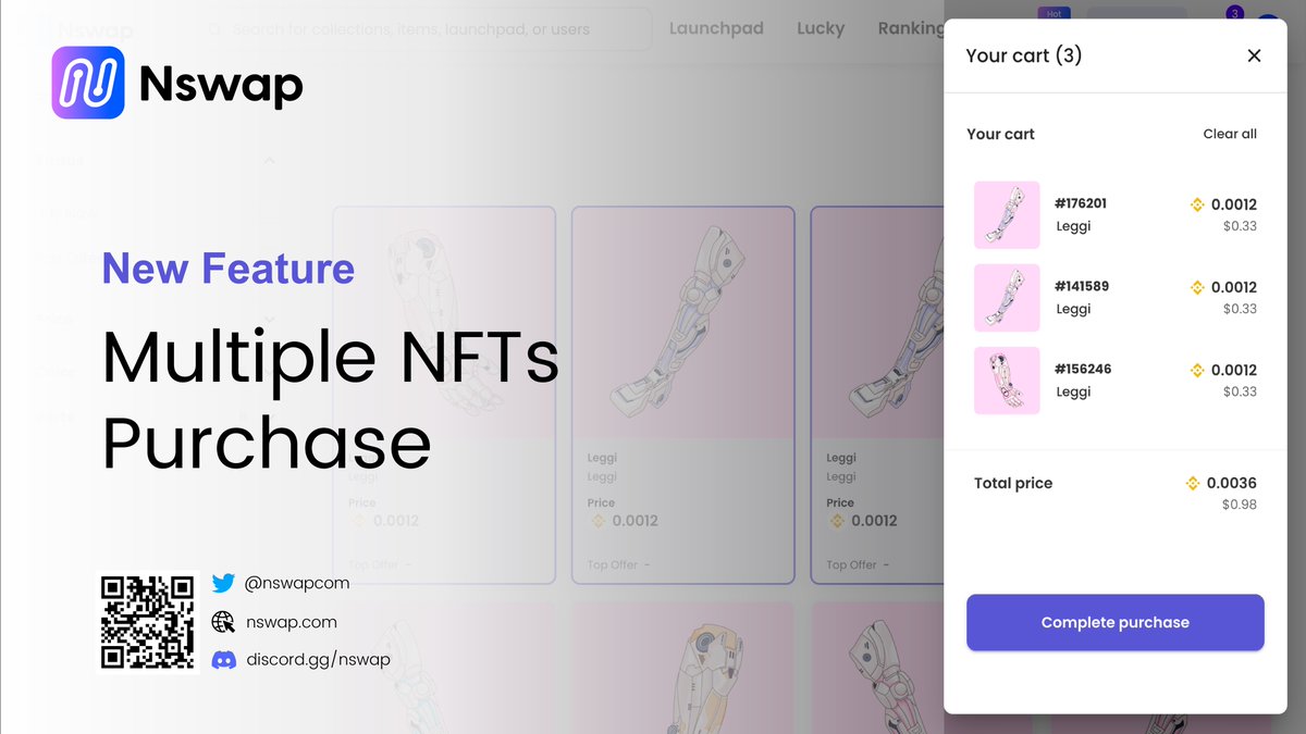 Nswapcom's tweet photo. Nswap's New Feature!
You can now buy multiple NFTs in one transaction on Nswap!🧹🧹🧹
#nswap https://t.co/O2EzWa2G5K