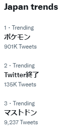 mrjeffu's tweet photo. News of the chaos at Twitter HQ seems to have finally reached Japanese Twitter users. The #2 trending term is "Twitter is finished" and the number #3 trending term is "Mastodon." However, far more people are tweeting about the newest "Pokémon" game, which is #1. https://t.co/RzqeJRfdF3