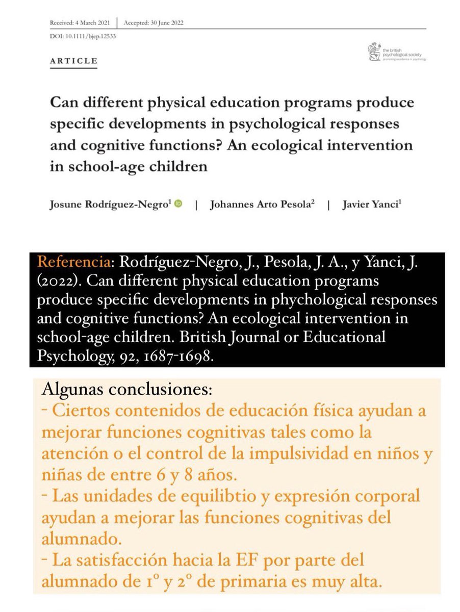 Nuevo artículo publicado en la British Journal of Educational Psychology 💥🔝

Sobre los beneficios de la EF en las respuestas psicológicas y las funciones cognitivas 🧠✨

Os dejo el link por si queréis leerlo 📚

researchgate.net/publication/36…
