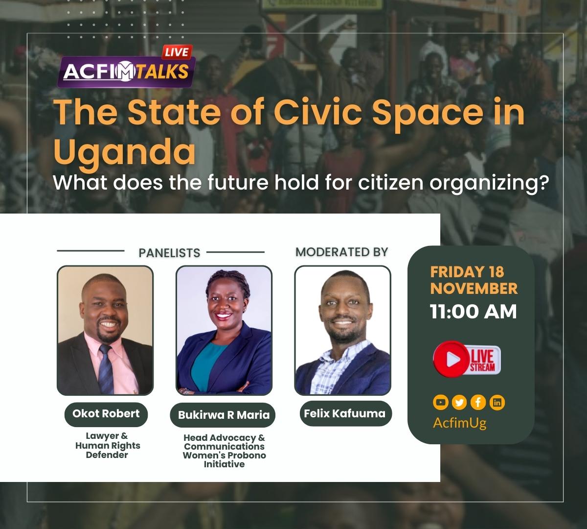 AcfimAfrica's tweet image. ACFIM&apos;s recent study on the State of #CivicSpace in UG highlights human rights,freedom of assembly &amp;amp; association as the most restricted civic space dimensions.

#ACFIMTalks today reflects on the state of civic space in UG &amp;amp; its implication on the future of citizen organizing.