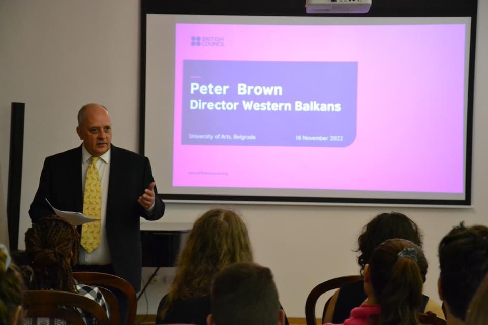 peterbrownBC's tweet image. Pleasure to give a talk at Belgrade’s University of the Arts for cultural policy and management Masters students.  We talked about notions of cultural relations, the British Council’s vision and purpose and how we translate that into action @BritishCouncil @ukinserbia @rsBritish