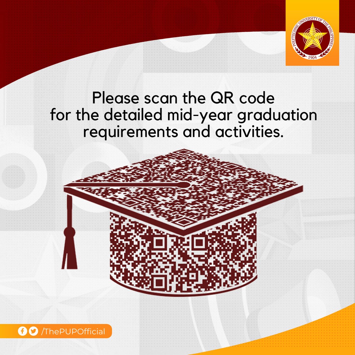 ThePUPOfficial's tweet photo. 1/2: ADVISORY | All mid-year graduating students of the PUP System are advised to process their online application for graduation starting November 16 to December 16, 2022. They are also encouraged to settle their academic and non-academic deficiencies until February 10, 2023. https://t.co/h4DXwidXDS