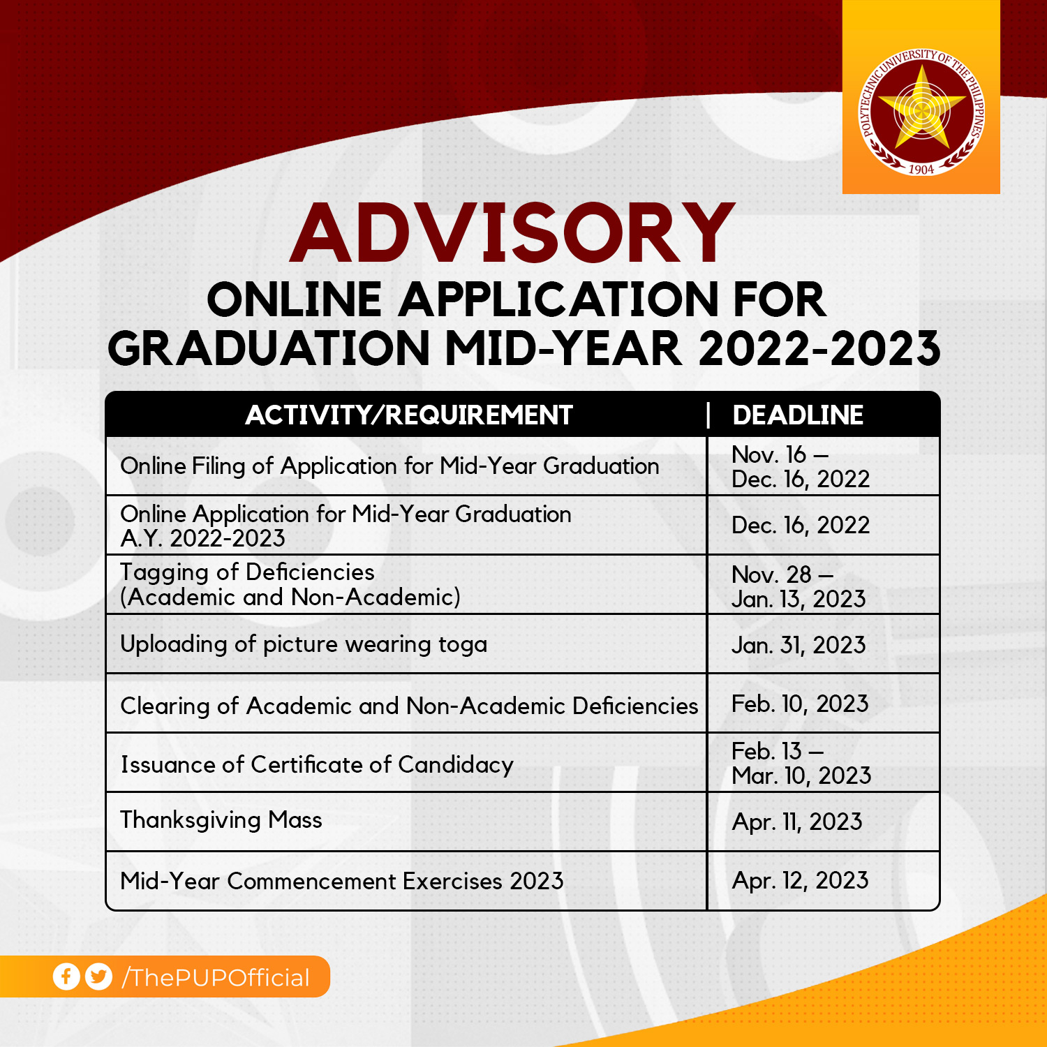 PUP (Official) on Twitter "1/2 ADVISORY All midyear graduating