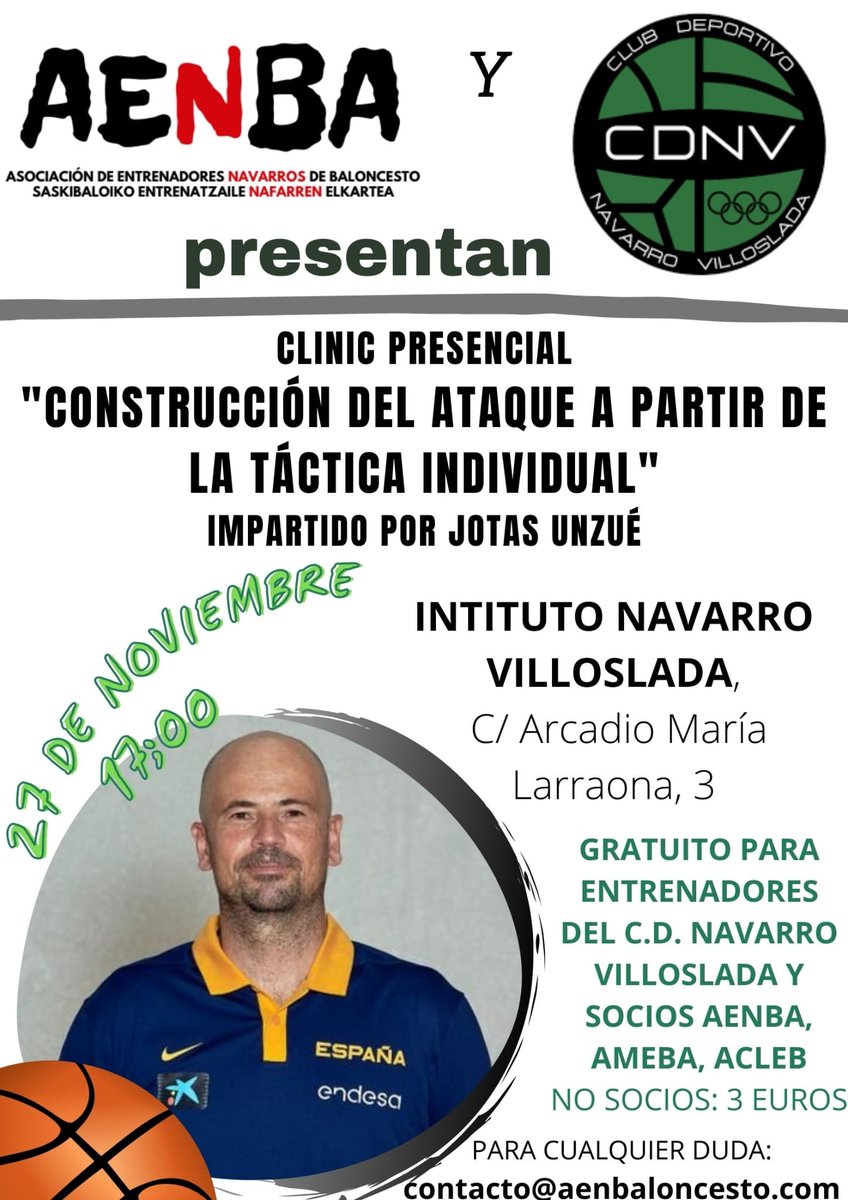 Tras mucho trabajo, por fin anunciamos:
Nuestro primer clinic presencial!!

🤝 Colaboración con <a href="/CDNVilloslada/">CD NAVARRO VILLOSLADA</a>

📅 27 de noviembre

🕔17 horas

🏡 Instituto Navarro Villoslada 

👨‍🏫 Jotas Unzué

🏀"Construcción del ataque a partir de la táctica individual".

Allí nos encontramos!