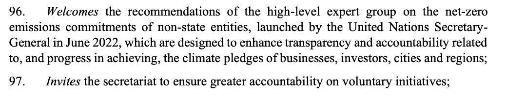 thomasnhale's tweet photo. Some strong language on accountability and integrity of non-state actors commitments in the new draft text. Para 97 is strikingly open-ended, following on @simonstiell pledge to become "accountability chief" last week 
https://t.co/dlKvFxcRI4 https://t.co/6FOosS5Tfg