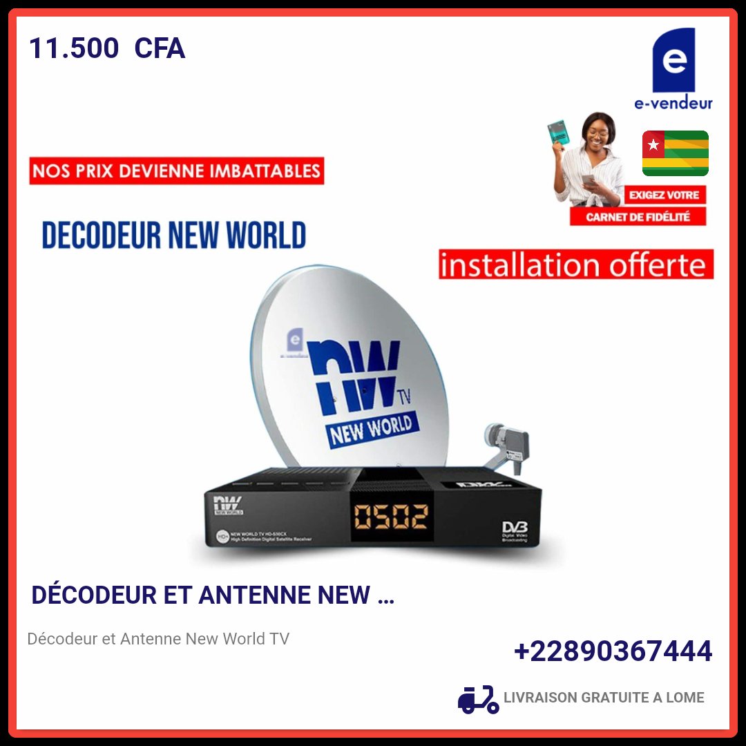 LebigThierry's tweet photo. Nous livrons partout au Togo

Décodeur et Antenne New World TV. 
Description:  Décodeur et Antenne New World TV

Prière de me Contacter sur Whatsapp ou Appel au https://t.co/185Ze4Vt3i  
Pour passer votre commande, Merci😊 

NB: Veuillez exiger un reçu à la livraison. https://t.co/1XNjXL4YFY