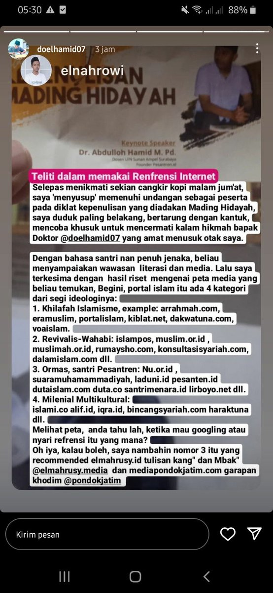 Dapat dari ig story Gus <a href="/doelhamid07/">Abdulloh Hamid</a>
Insight baru yg sangat bermanfaat : Pemetaan media online islami yg bisa jadi filter buat kita di era sekarang yg semua hal bisa dicari di internet.
Kita harus paham ideologi diri sendiri dan mengenali rujukan mana yg bisa kita ikuti.