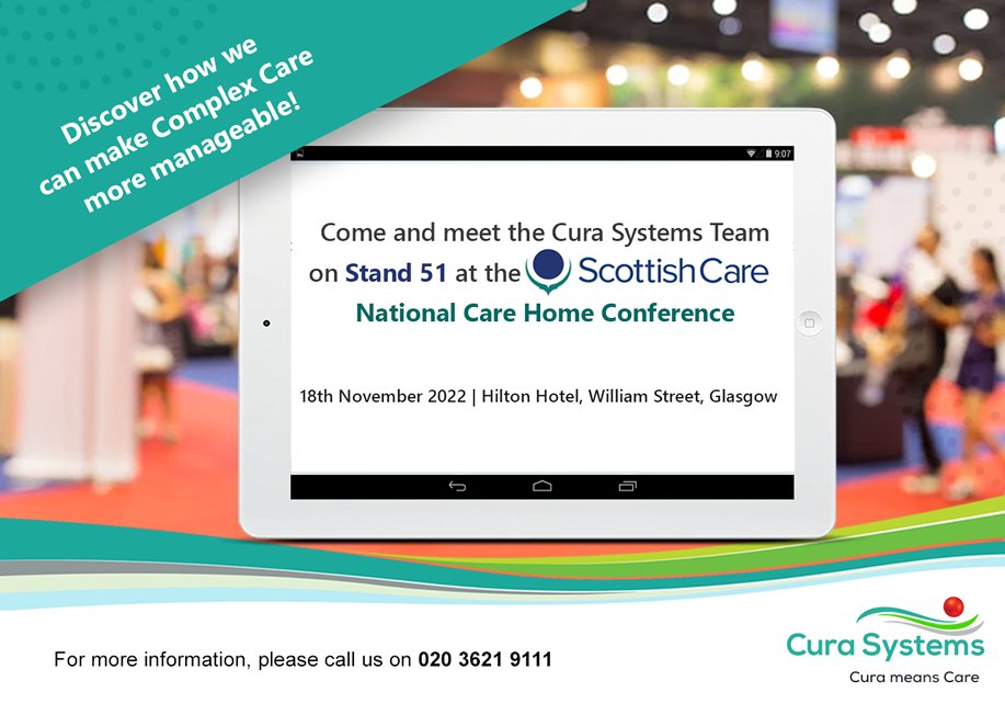 CuraSys's tweet photo. We are excited to meet you at today's @scottishcare Conference in Glasgow! Please drop by stand 51 to find out about our fully integrated #carehomesystem For more info, see https://t.co/4HXfFInuba  #CuraMeansCare #morethan4walls #carehome22 #ComplexCare https://t.co/TDlTf6xLLL