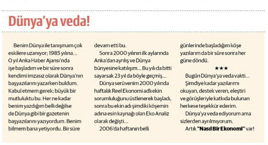 Yalnızca yazdığımız yayın organının adı değişmiş oluyor.

Bizler yine aynıyız; aynı yaklaşımda, aynı görüşteyiz. 

Bundan sonra Nasıl Bir Ekonomi ve internet için ekonomim.com'da yine birlikte olacağız.