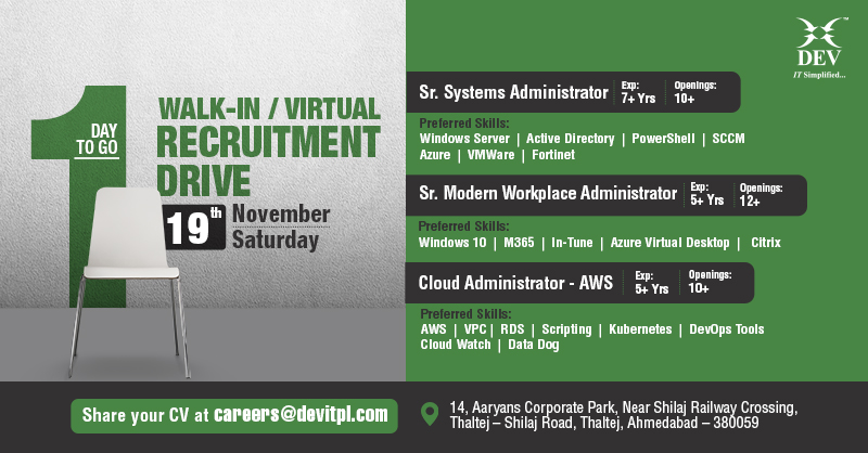 <a href="/DEVITPL/">DEV IT</a> is a great place to advance your career. On November 19, 2022, we will be holding a walk-in/virtual #Recruitment drive for a variety of positions. You can apply by sending your CV to careers@devitpl.com. Don’t miss out! Only one day left to get your application in!