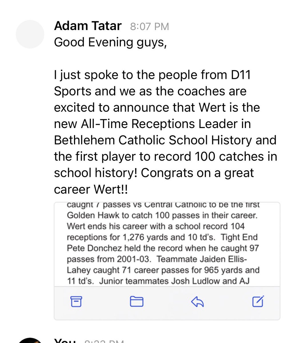 ericwert's tweet image. Blessed to be the All-Time Reception record holder at Bethlehem Catholic with 104 rec. Wouldn’t trade anything for these past 4 years with my guys 💯🖤