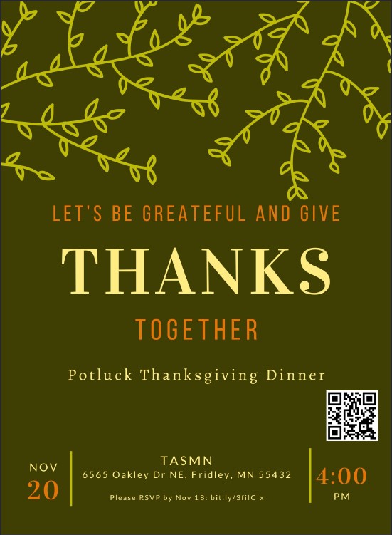 TASMinnesota's tweet image. Come join us this Sunday to celebrate Thanksgiving at TASMN...